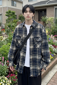 现货 2026春复古美式格子长袖衬衫毛边宽松衬衣 SC245-P58图片