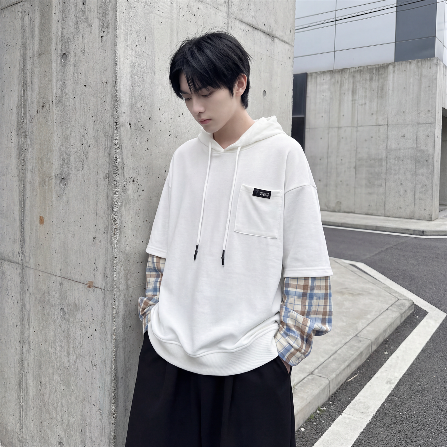 现货春季连帽卫衣男潮牌ins假两件拼接格子慵懒风W8212-P68，男装卫衣，星座1017