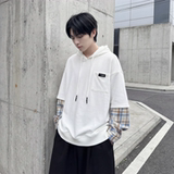 现货春季连帽卫衣男潮牌ins假两件拼接格子慵懒风W8212-P68，男装卫衣，星座1017