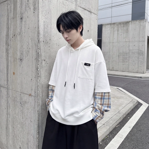 现货 春季连帽卫衣男潮牌ins假两件拼接格子慵懒风 W8212-P68，男装卫衣，星座1017