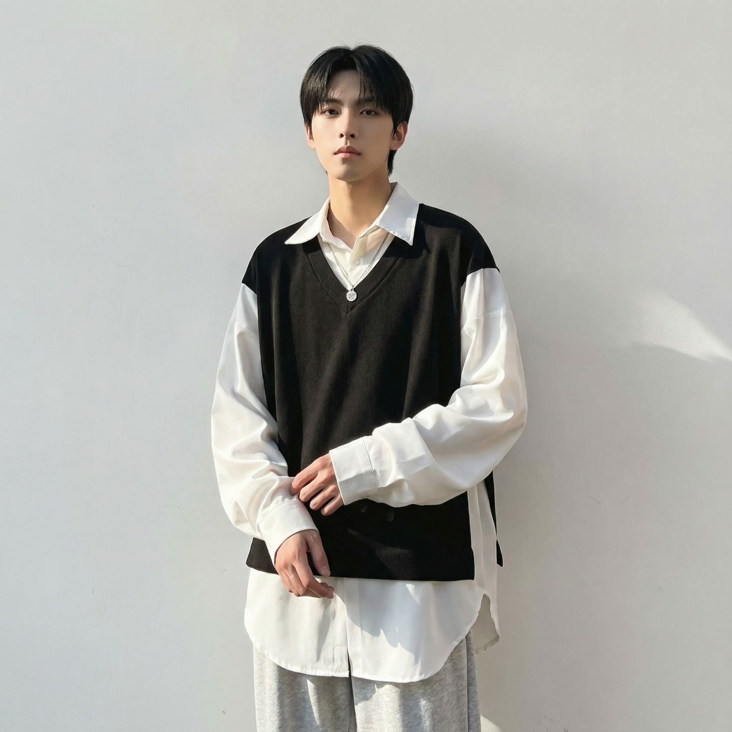 现货假两件长袖衬衫宽松衬衣港风休闲百搭上衣GK25-P58,男装衬衫,星座1017