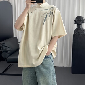 新中式立领清透亚麻水墨竹叶印花晕染玉石扣短袖衬衫 S107-P48图片