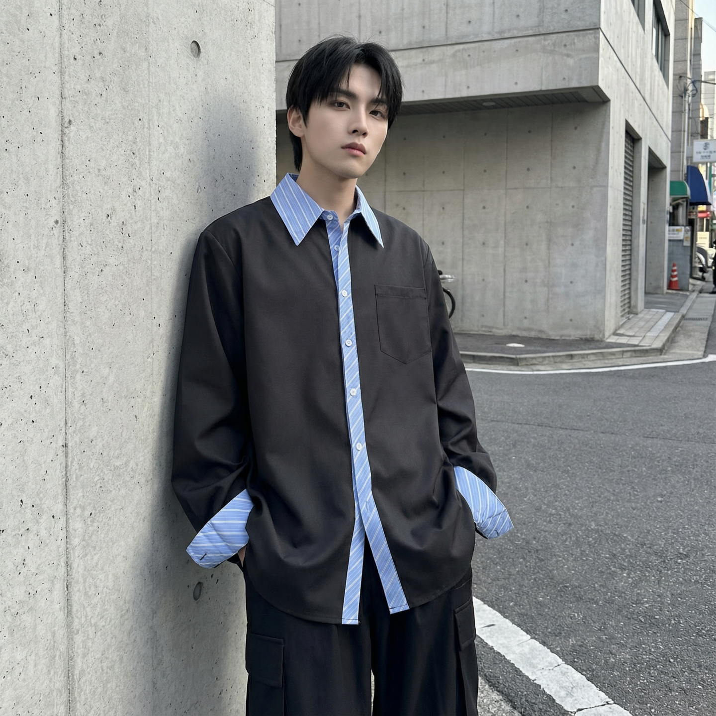 现货高级感小众设计拼接衬衫男痞帅纯色宽松潮流衬衣S1858-P68，男装衬衫，星座1017