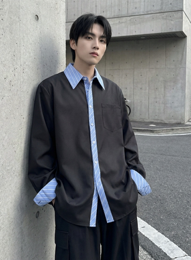 现货 高级感小众设计拼接衬衫男痞帅纯色宽松潮流衬衣 S1858-P68
