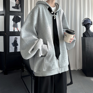 现货小众烫钻可拆卸领带设计连帽卫衣重磅宽松慵懒外套 P89 W2056