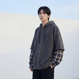 现货春季连帽卫衣男潮牌ins假两件拼接格子慵懒风W8212-P68，男装卫衣，星座1017