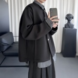 条纹衬衫假两件拼接开衫卫衣套装翻领简约外套R5413-P78，男装休闲套装，星座1017