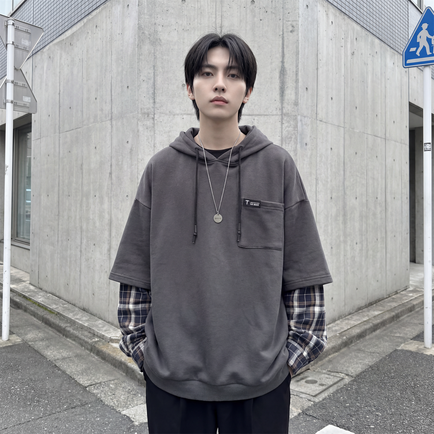 现货春季连帽卫衣男潮牌ins假两件拼接格子慵懒风W8212-P68，男装卫衣，星座1017