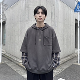 现货春季连帽卫衣男潮牌ins假两件拼接格子慵懒风W8212-P68，男装卫衣，星座1017