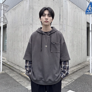 现货 春季连帽卫衣男潮牌ins假两件拼接格子慵懒风 W8212-P68，男装卫衣，星座1017