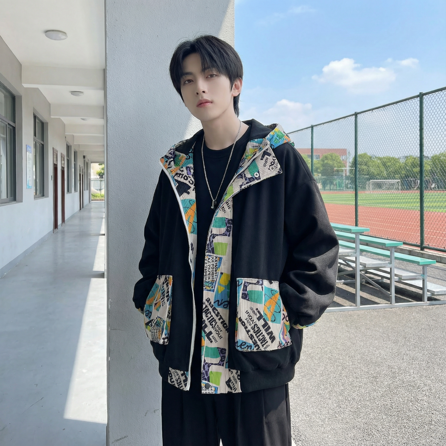 现货春款潮流涂鸦拼接夹克开衫连帽外套WT23-P75控96,男装夹克,星座1017