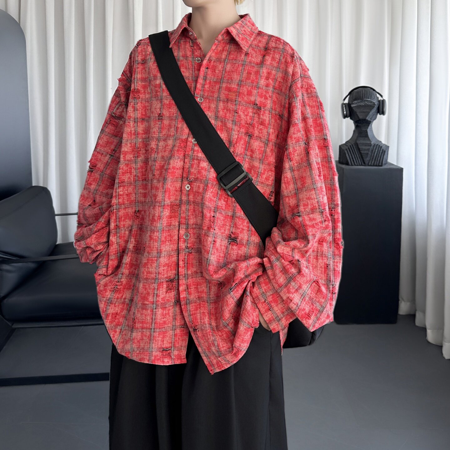 格子长袖衬衫外套男女夏宽松破洞潮翻领情侣休闲衬衣 AS035-P78图片