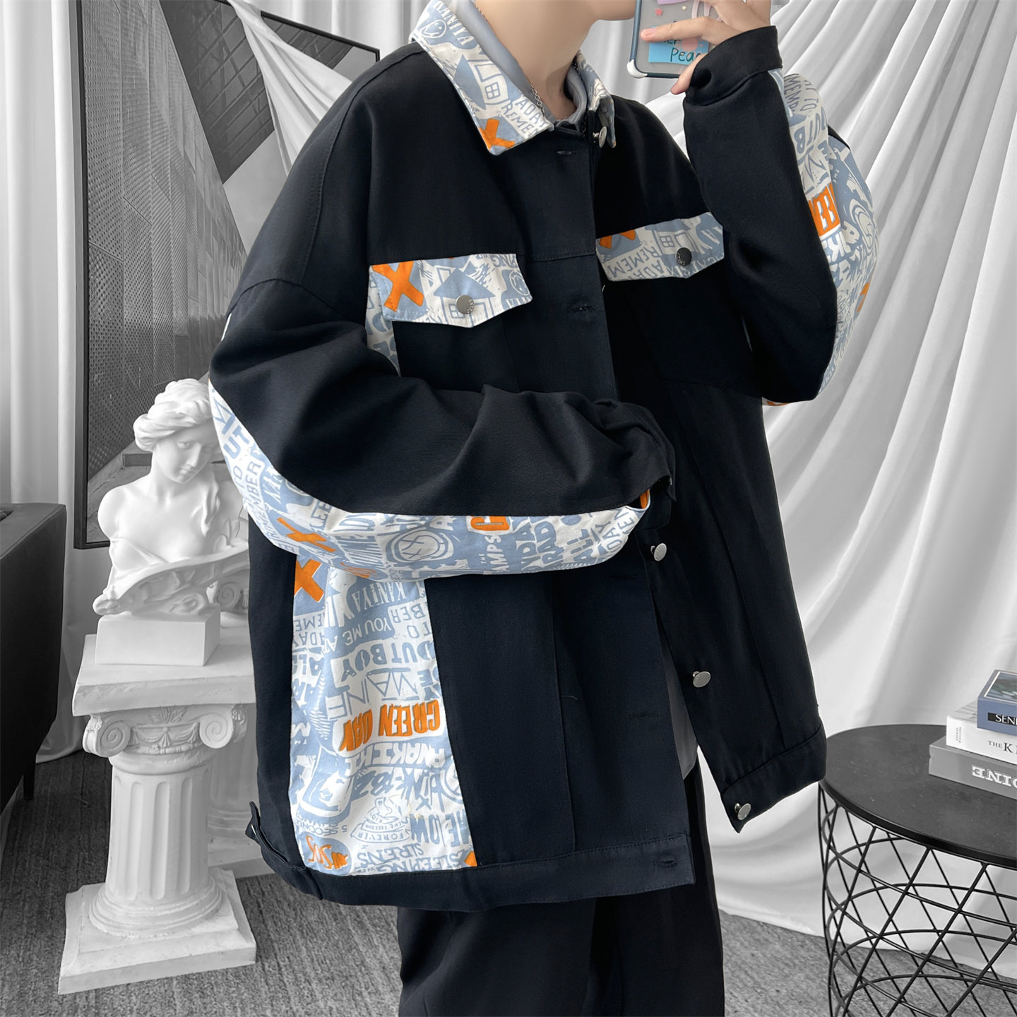 现货2026春季痞帅拼接设计感翻领夹克高级感潮流外套J24-P75，男装夹克，星座1017