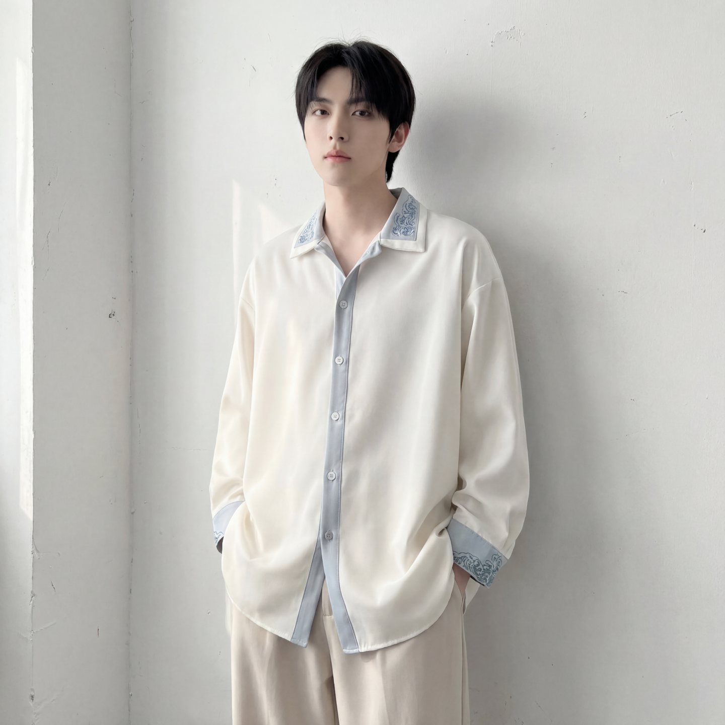 现货潮衬衫小众刺绣长袖衬衣新中式情侣外套DY877-P68，男装衬衫，星座1017