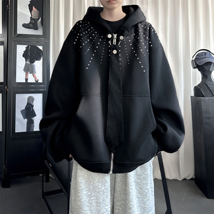 现货小众烫钻可拆卸领带设计连帽卫衣重磅宽松慵懒外套 P89 W2056