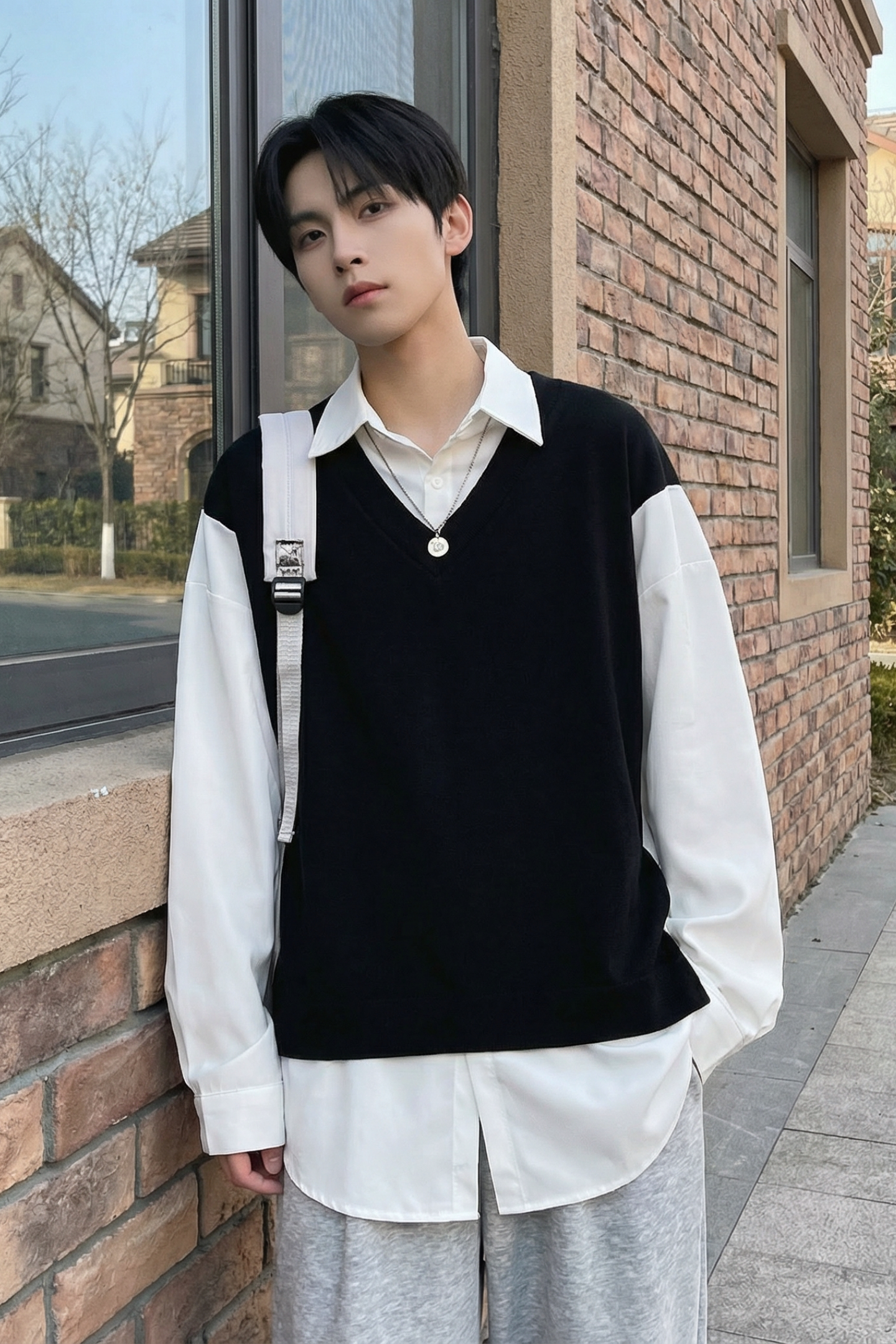 现货假两件长袖衬衫宽松衬衣港风休闲百搭上衣GK25-P58,男装衬衫,星座1017