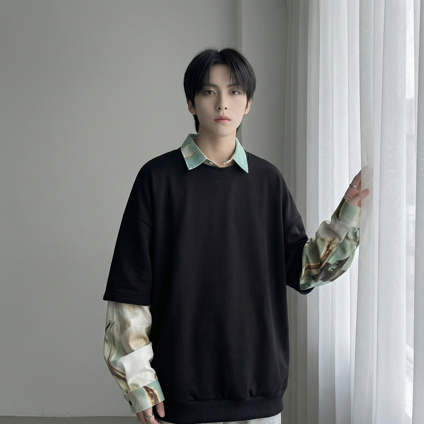 现货慵懒假两件衬衫领卫衣日系情侣碎花上衣A881-P65，男装衬衫，星座1017