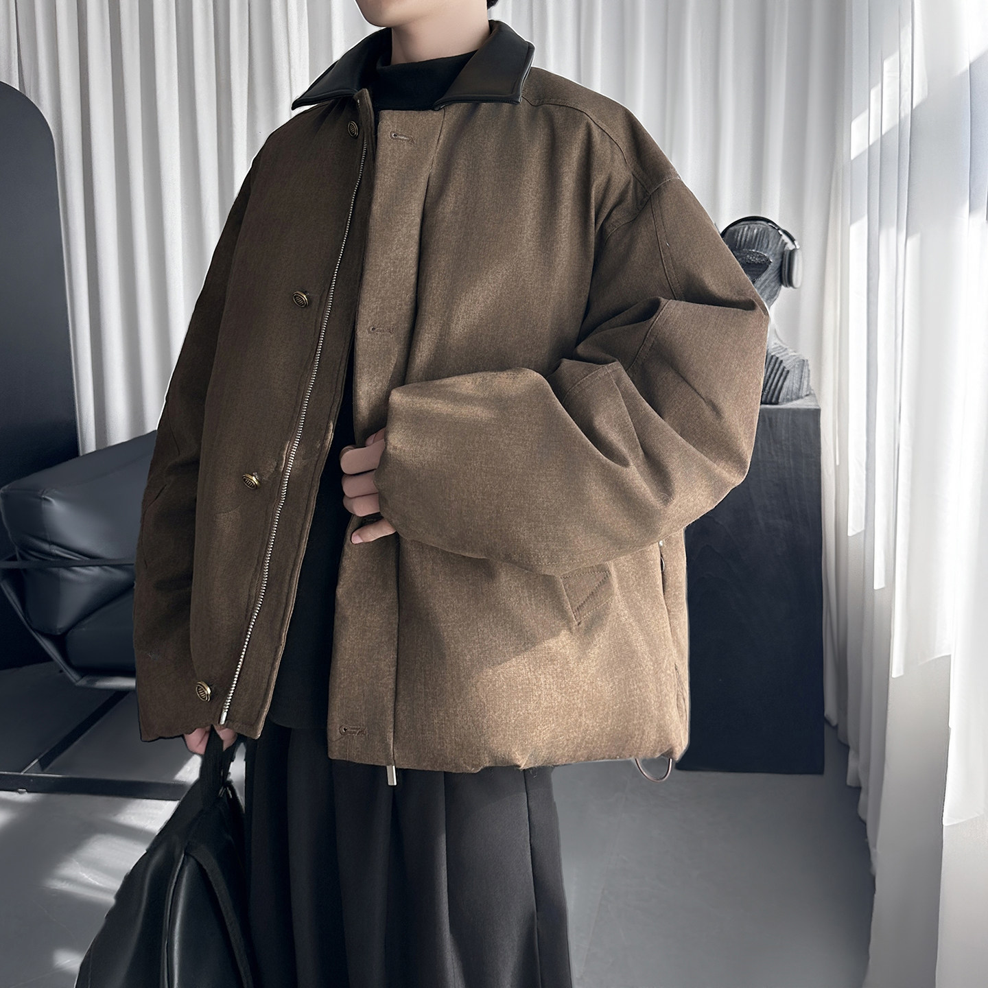 男装冬季高级感重磅防风保暖棉布拼接皮领棉服男潮M6690-P138,男装棉衣,星座1017