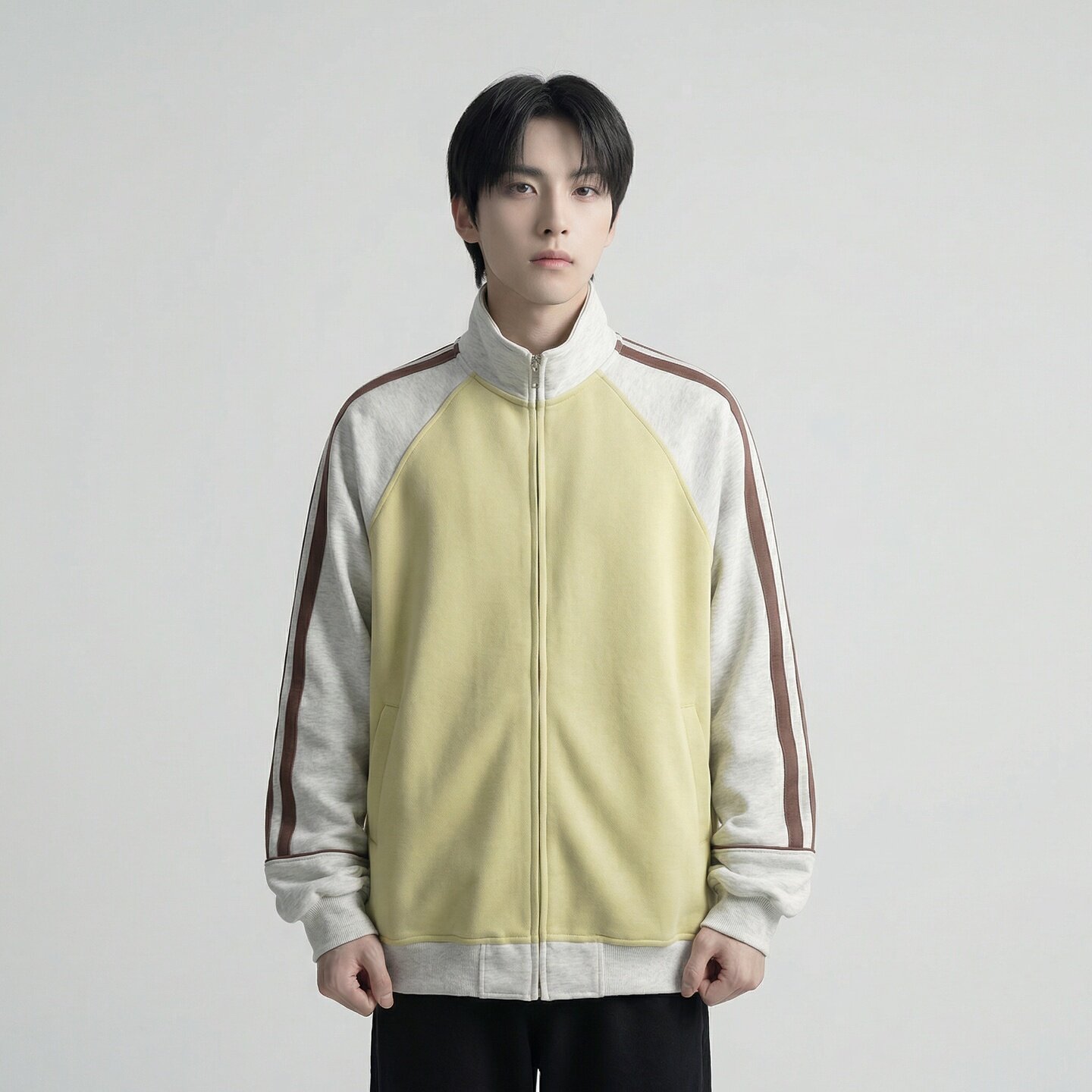 新款现货美式插肩袖立领男春季重磅开衫撞色条纹运卫衣CR711-P68，男装卫衣，星座1017