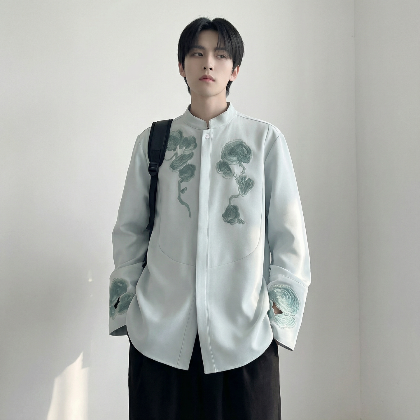 现货春款风灵芝刺绣宽松休闲立领长袖青灰色衬衣SA783-P88，男装衬衫，星座1017