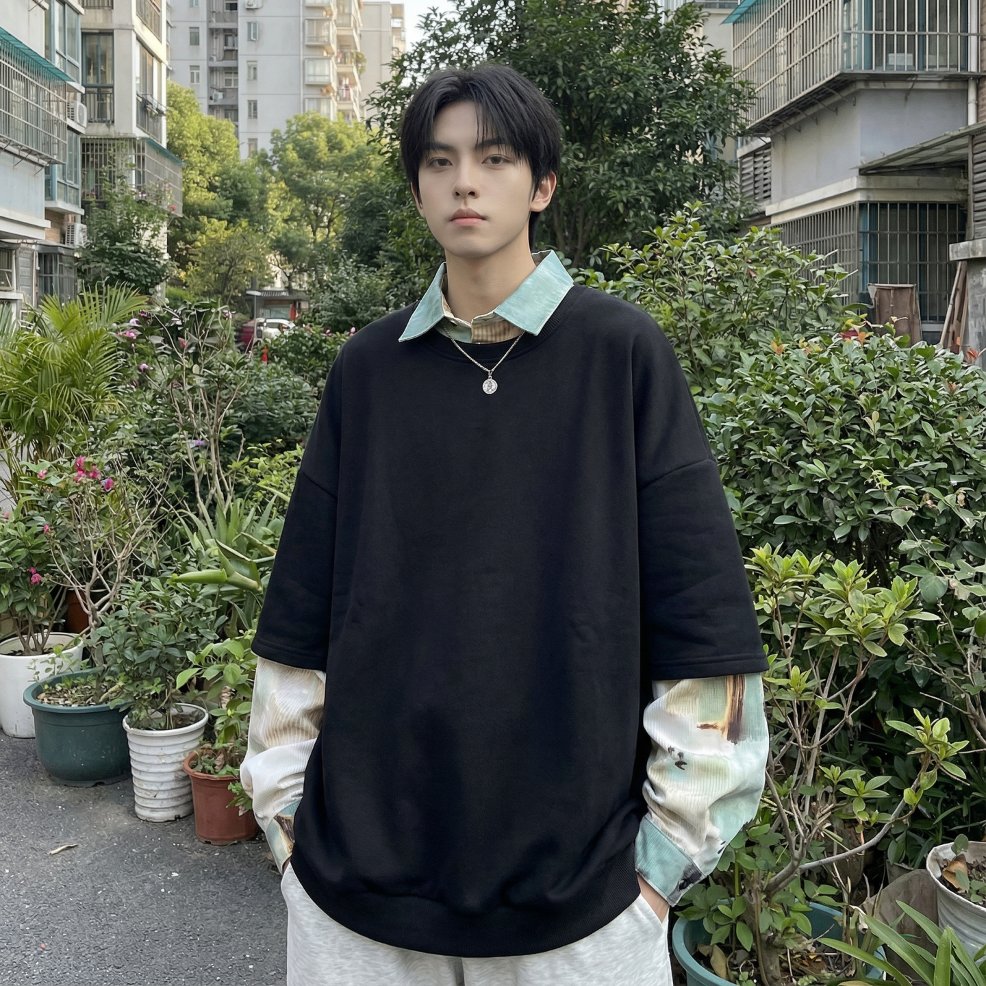 现货慵懒假两件衬衫领卫衣日系情侣碎花上衣A881-P65，男装衬衫，星座1017