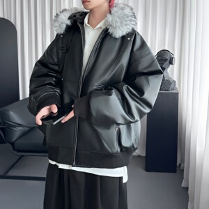 小众设计感可拆卸大毛领连帽PU皮外套休闲短款棉服潮 M9212-P148图片