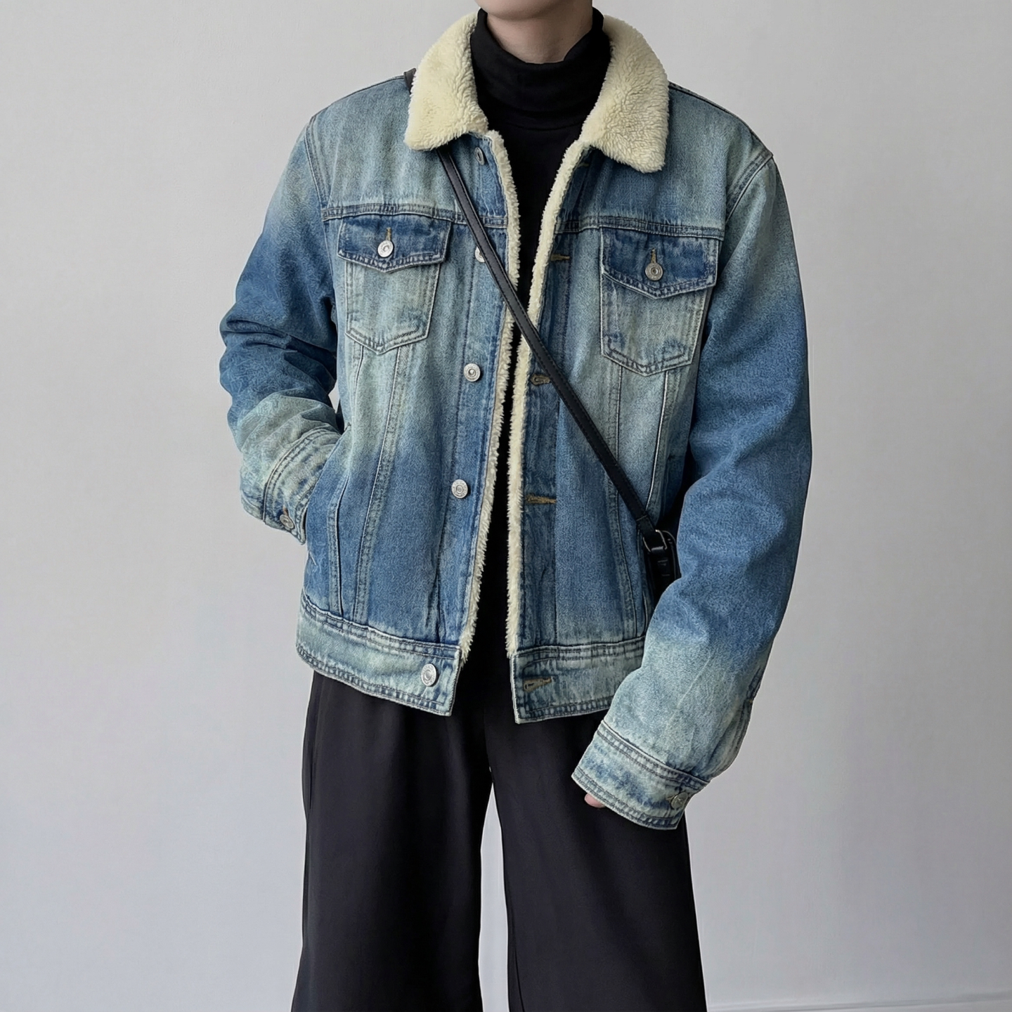 新款现货做旧羊羔绒牛仔外套格保暖棉服夹克 Q2053-P138图片