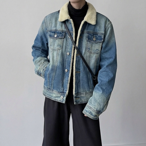 新款现货做旧羊羔绒牛仔外套格保暖棉服夹克 Q2053-P138图片