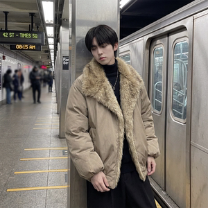 现货 冬季大毛领加厚夹棉黑锻拼接棉服外套 M1654-P168图片
