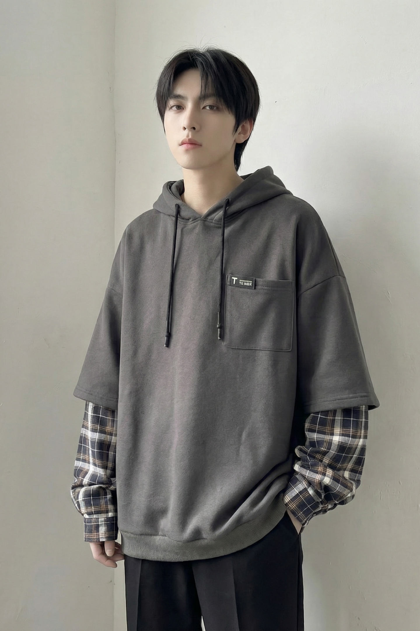 现货春季连帽卫衣男潮牌ins假两件拼接格子慵懒风W8212-P68,男装卫衣,星座1017