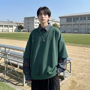现货慵懒假两件衬衫领卫衣日系情侣碎花上衣 A881-P65图片
