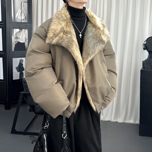 冬季大毛领加厚夹棉黑锻拼接棉服外套 M1654-P168图片