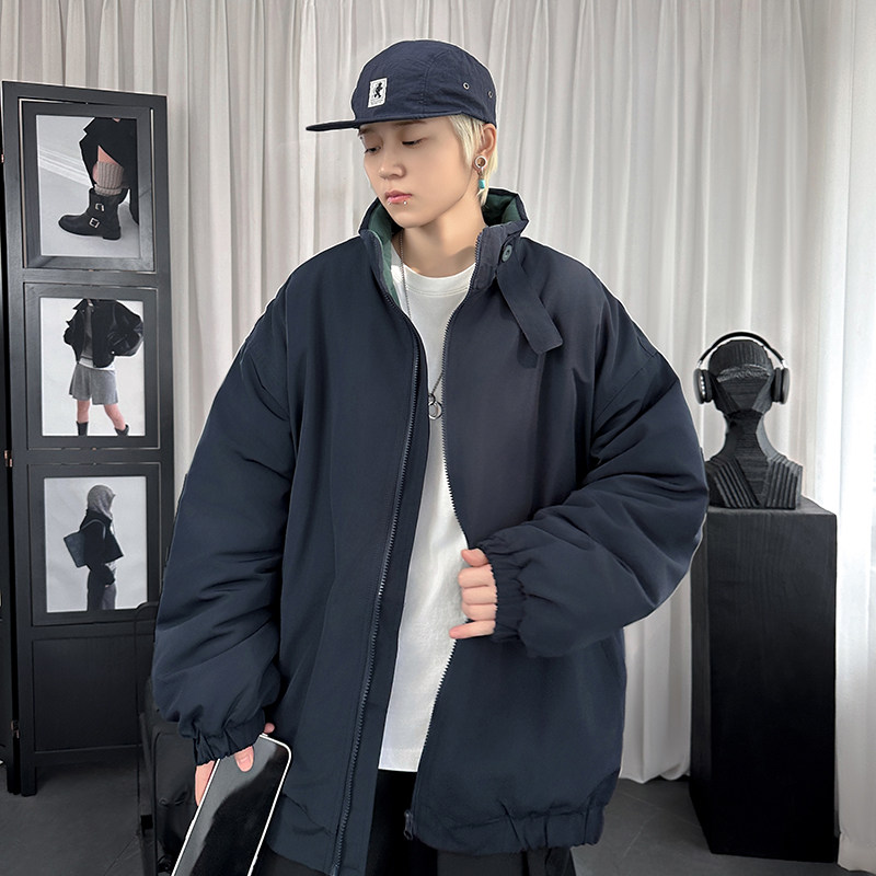 廓形日系撞色立领工装藏青色棉衣纯色宽松棉服外套 M1022-P128图片