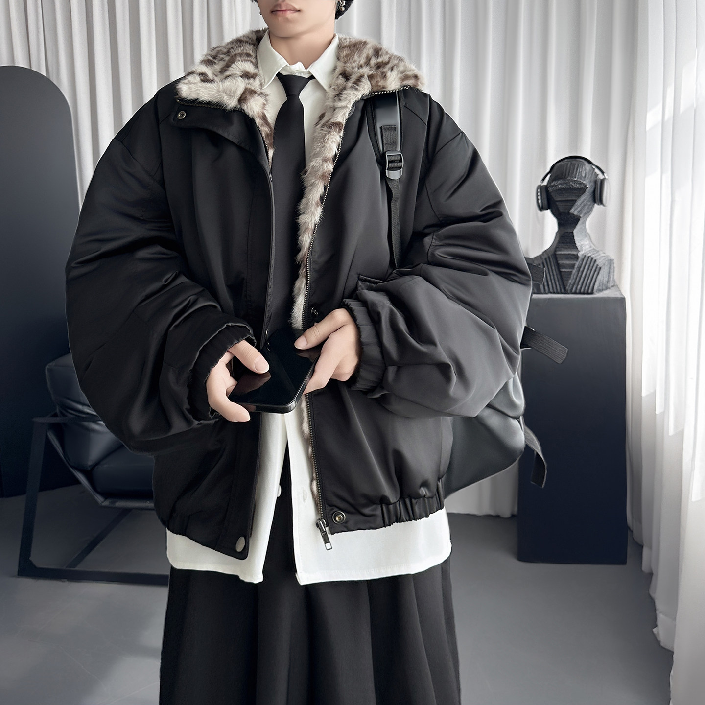美式座山雕棉服男款冬季立领设计穿豹纹加厚外套M6092-P138,男装棉衣,星座1017