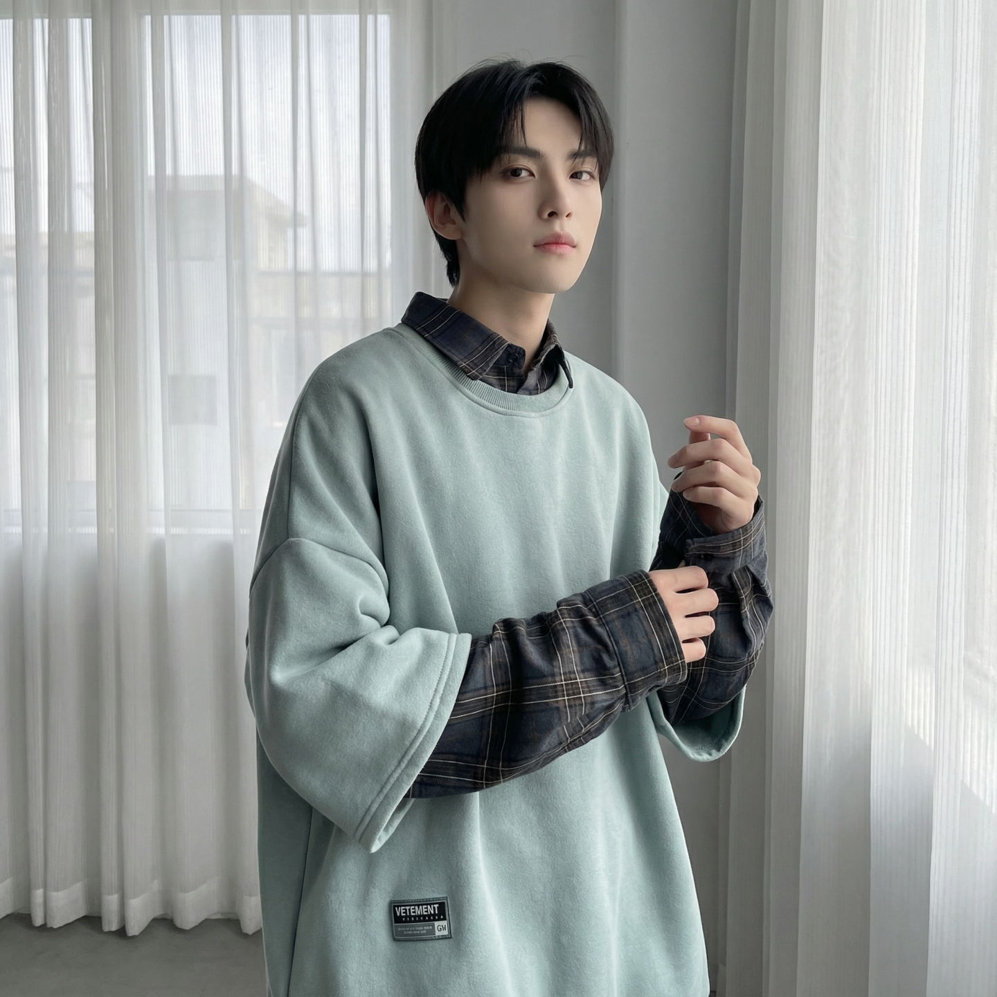 现货2026春款假两件卫衣衬衫领复古vibe格子美式外套A5613-P65,男装衬衫,星座1017