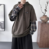 现货连帽卫衣男潮牌ins假两件拼接格子慵懒风Y8212-P68，男装卫衣，星座1017