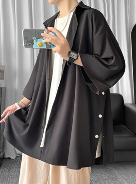 现货纯色侧边排扣开叉小众男女短袖衬衫 C39-P35