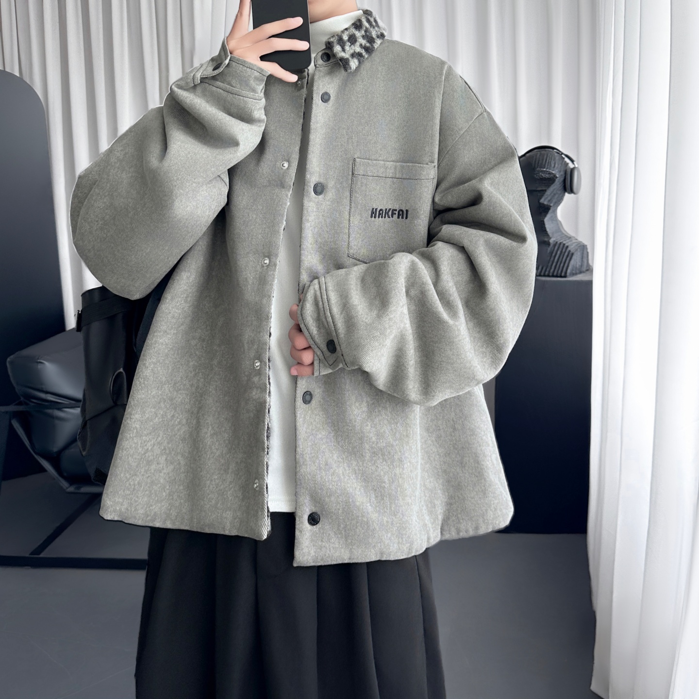 秋冬复古水泥灰色豹纹呢料拼接保暖夹克外套男 W0803-P138