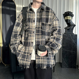 现货复古高级感美式格子宽松毛边长袖衬衫DS245-P58，男装衬衫，星座1017