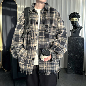 现货复古高级感美式格子宽松毛边长袖衬衫 DS245-P58，男装衬衫，星座1017