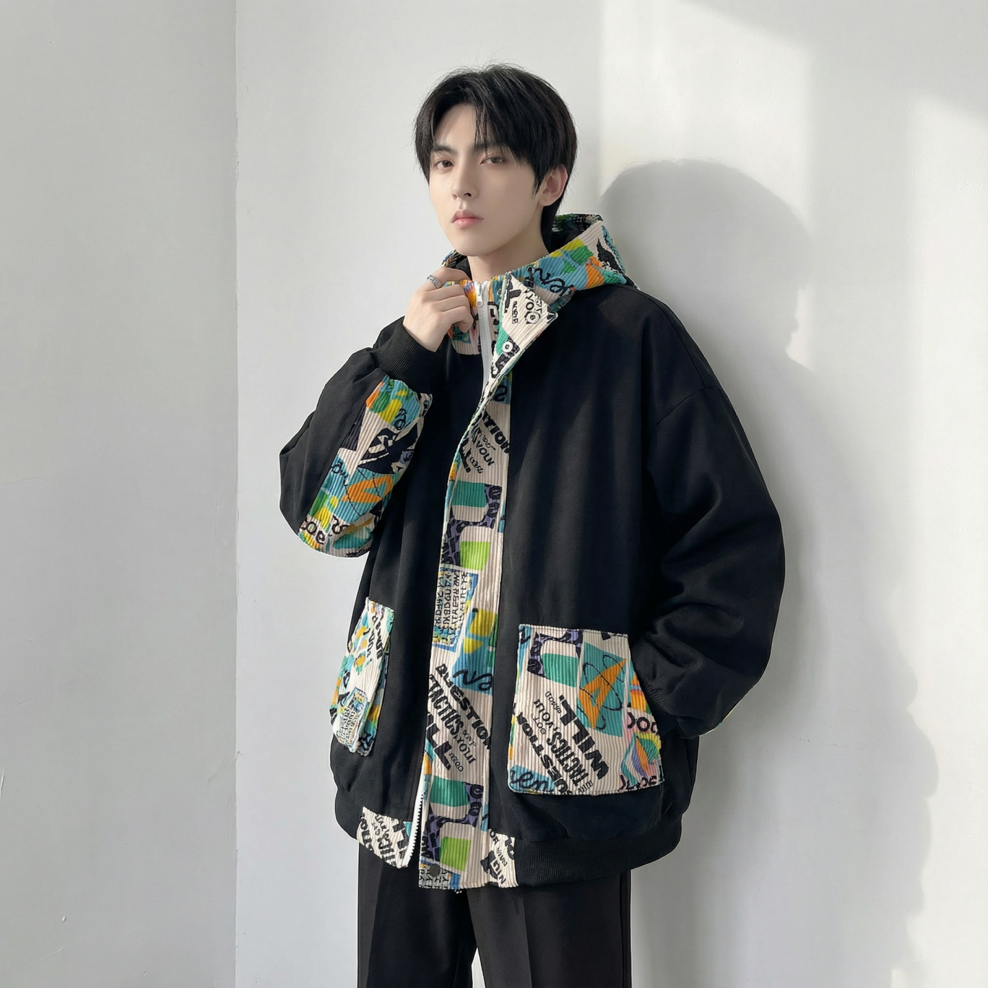 现货春款潮流涂鸦拼接夹克开衫连帽外套WT23-P75控96,男装夹克,星座1017