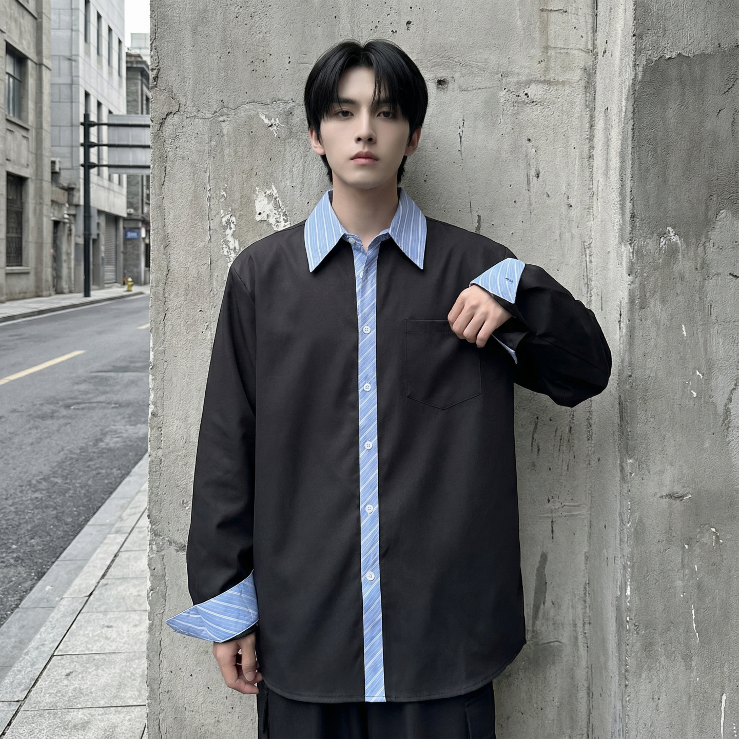 现货高级感小众设计拼接衬衫男痞帅纯色宽松潮流衬衣S1858-P68，男装衬衫，星座1017