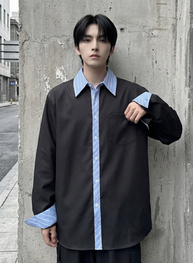 现货 高级感小众设计拼接衬衫男痞帅纯色宽松潮流衬衣 S1858-P68