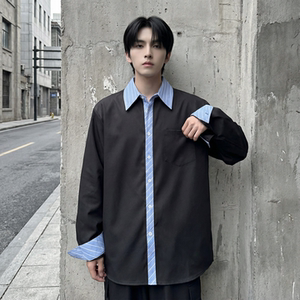 现货 高级感小众设计拼接衬衫男痞帅纯色宽松潮流衬衣 S1858-P68，男装衬衫，星座1017