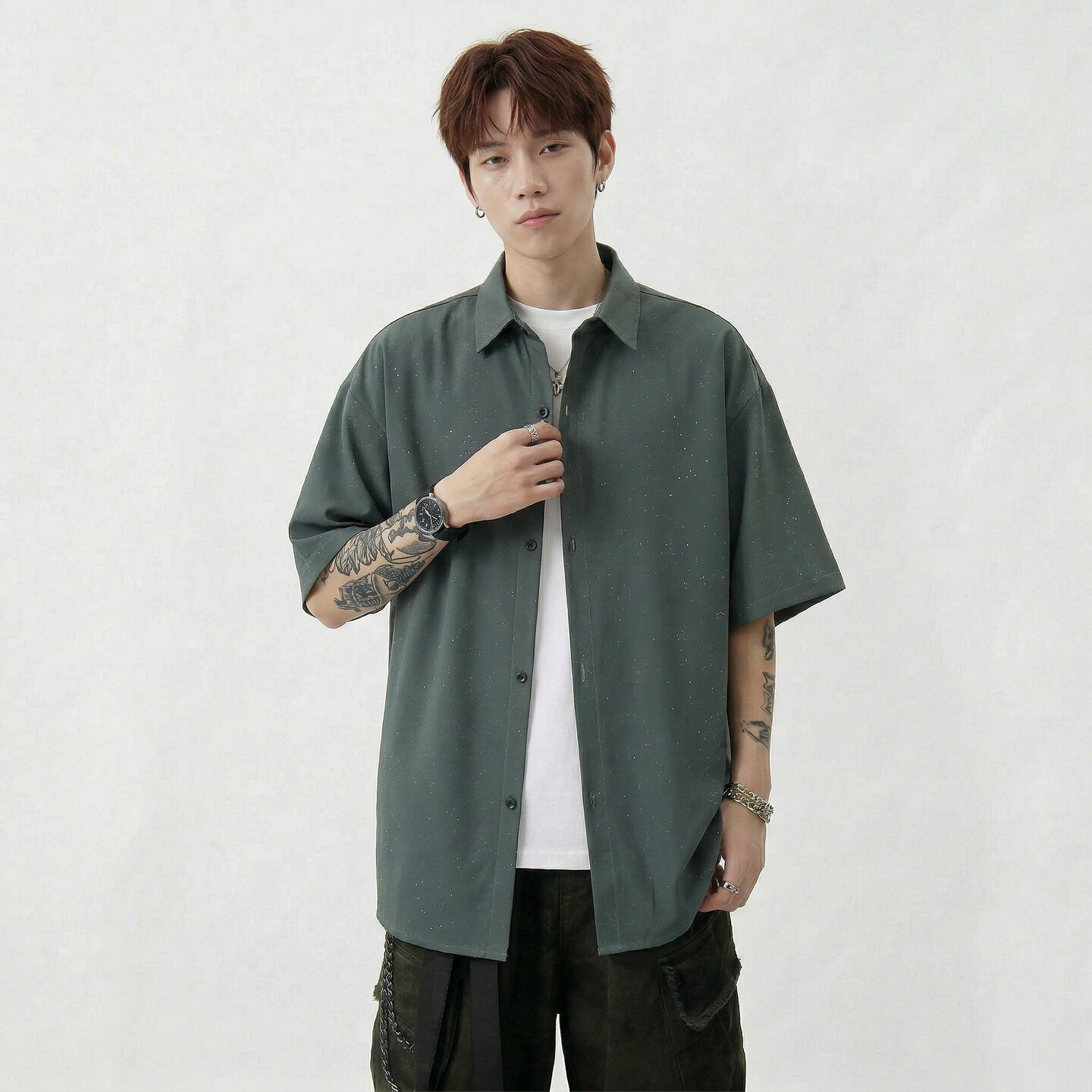 现货短袖休闲衬衫男痞帅七分袖衬衣bf港风 CS2609-P38