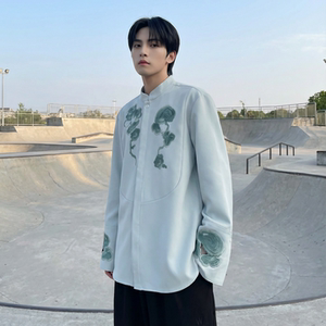 现货春款风灵芝刺绣宽松休闲立领长袖青灰色衬衣 SA783-P88，男装衬衫，星座1017