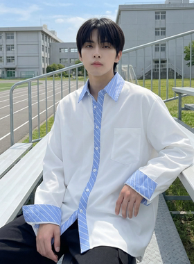 现货 高级感小众设计拼接衬衫男痞帅纯色宽松潮流衬衣 S1858-P68