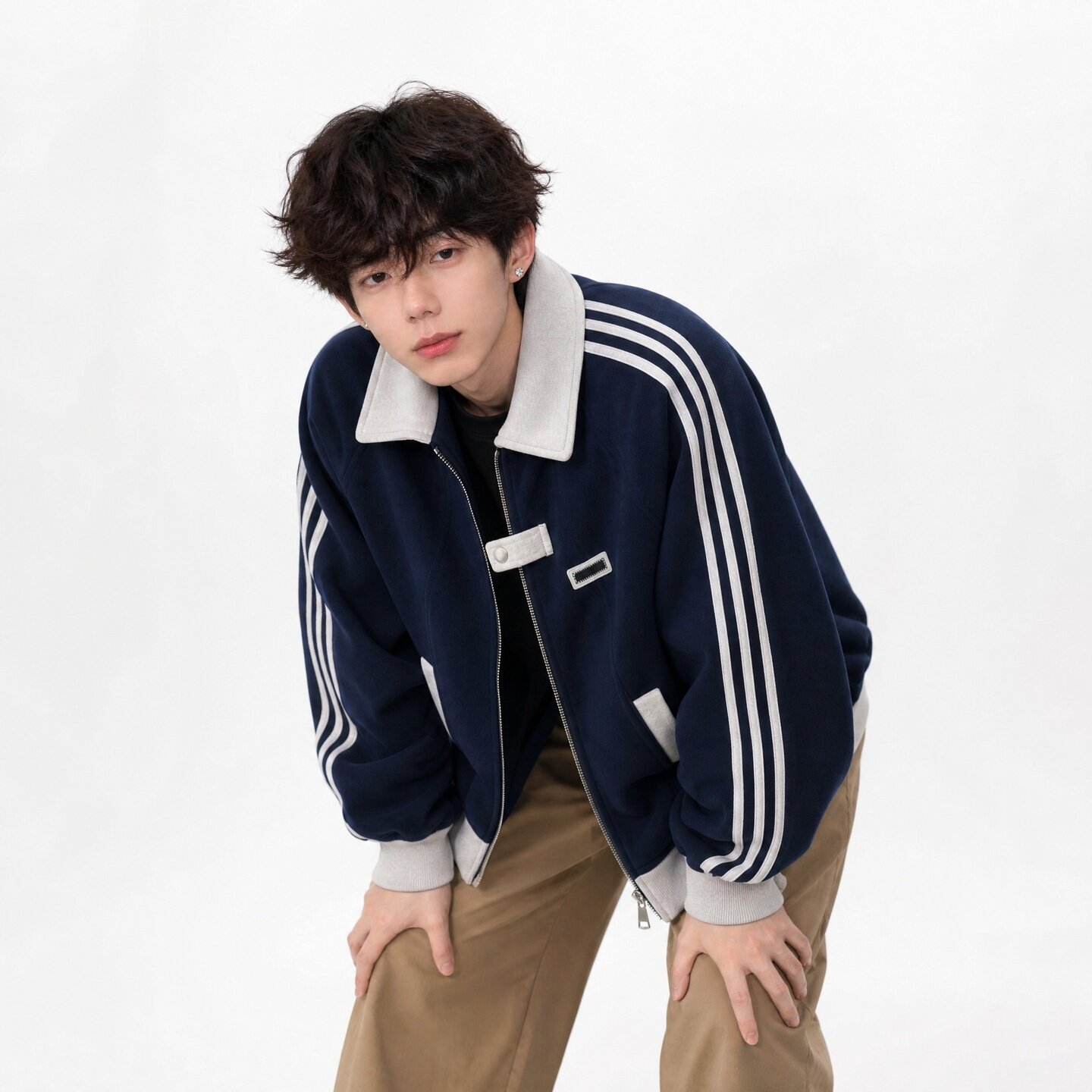 现货2026春款三条杠翻领#夹克男宽松休闲运动外套 JK238-P68
