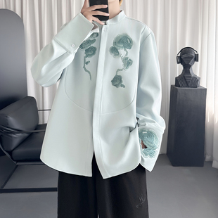 P88 SA783 现货国风灵芝刺绣宽松休闲立领长袖 青灰色衬衣潮牌男女