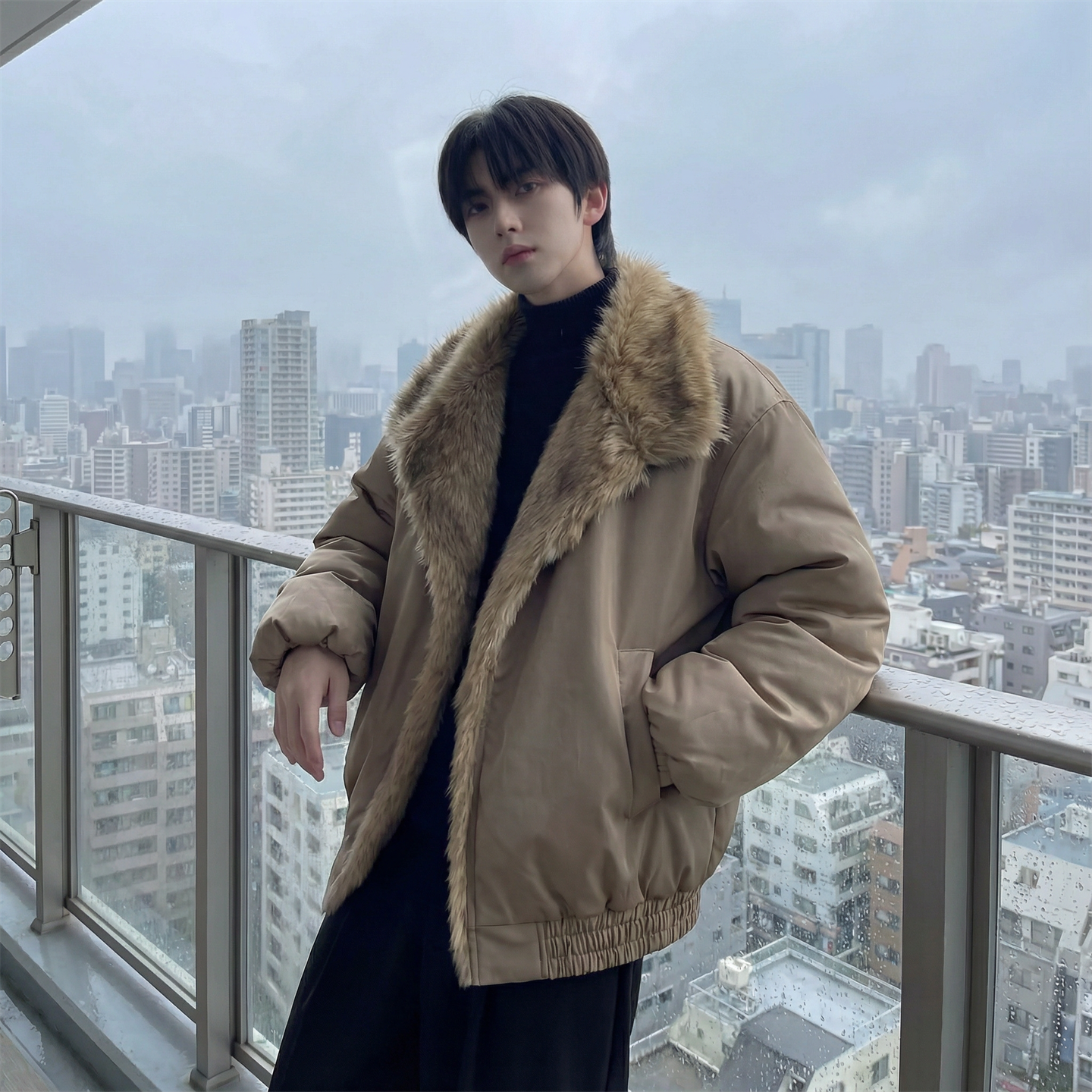 现货冬季大毛领加厚夹棉黑锻拼接棉服外套M1654-P168，男装棉衣，星座1017